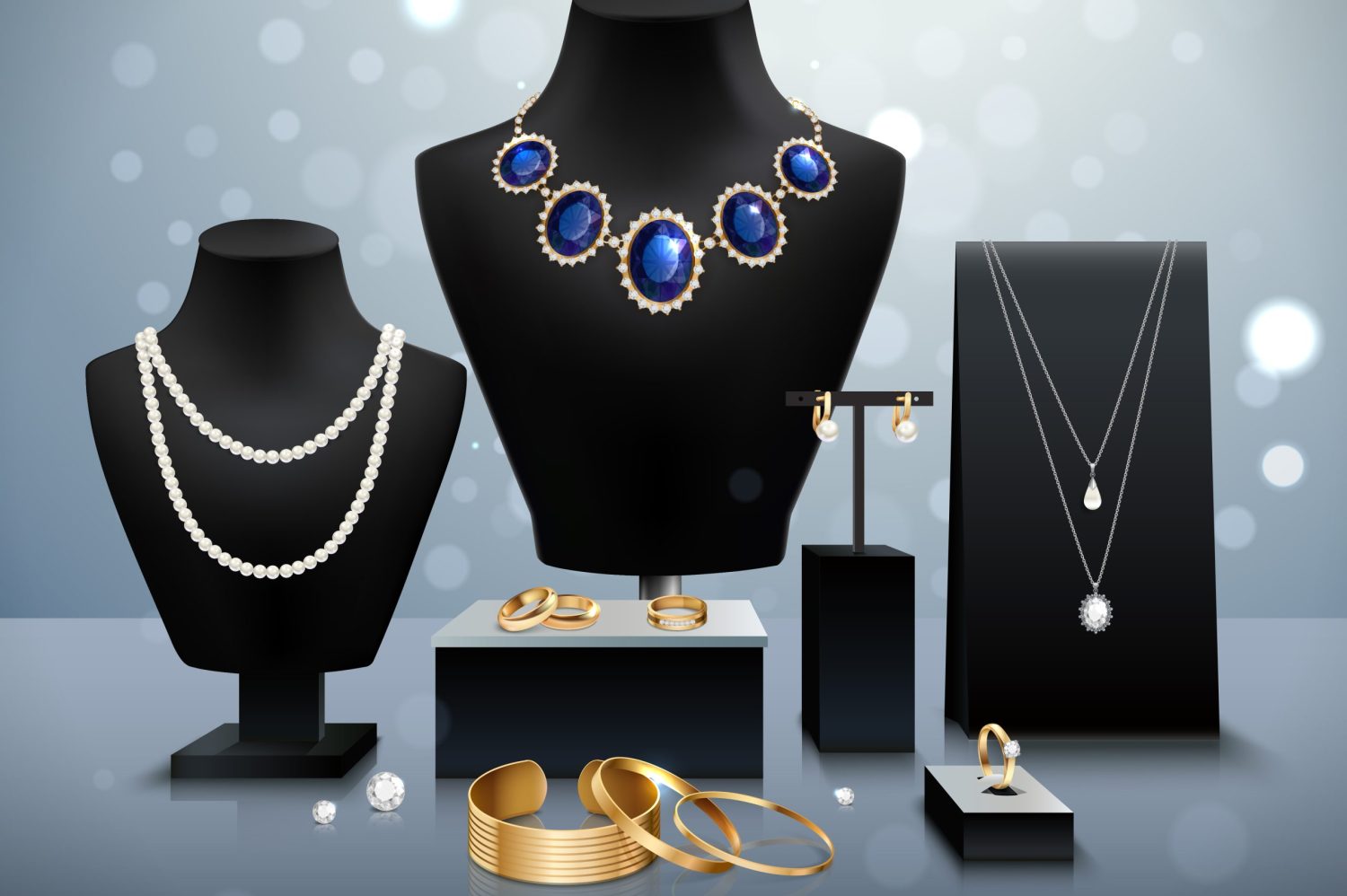 Realistic gold and silver jewelry display on black mannequins and stands on grey surface and background with bokeh vector illustration